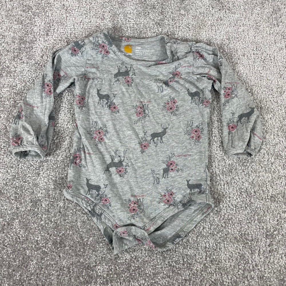 Carhartt Bodysuit 24M 2T Toddler Girls Floral Deer Print Long Sleeve Gray Pink